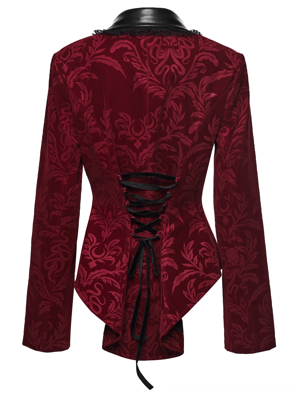 Back flat lay of gothic velvet tailcoat jacket with corset-style lace-up and damask velvet pattern