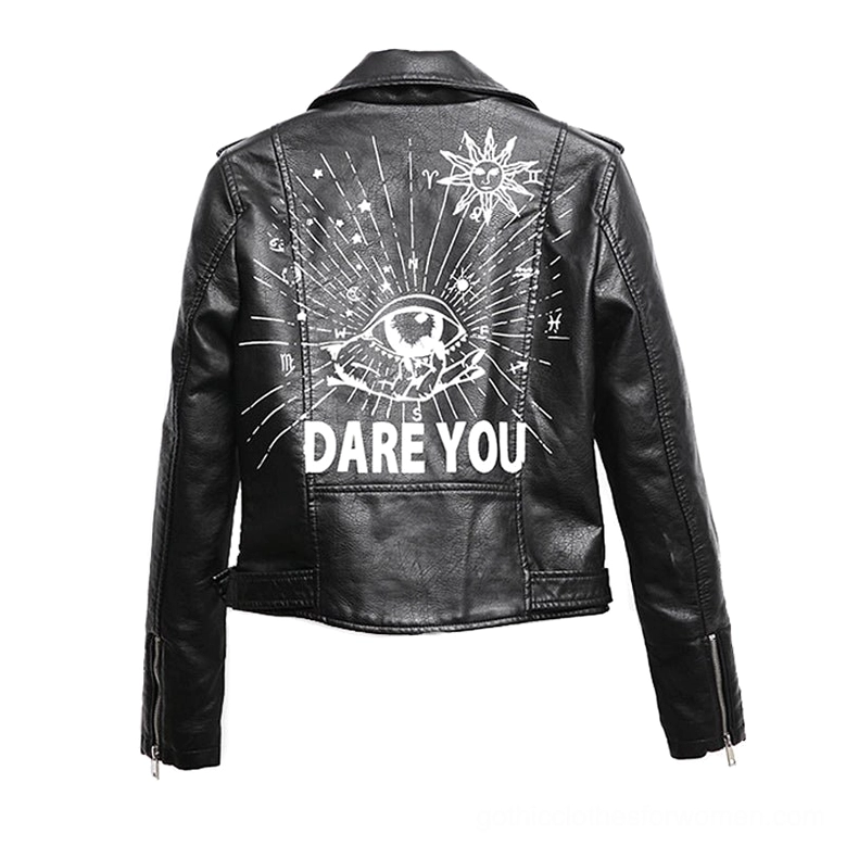 Back view of black PU leather jacket featuring iconic DARE YOU graphic and sun-eye design on white studio background