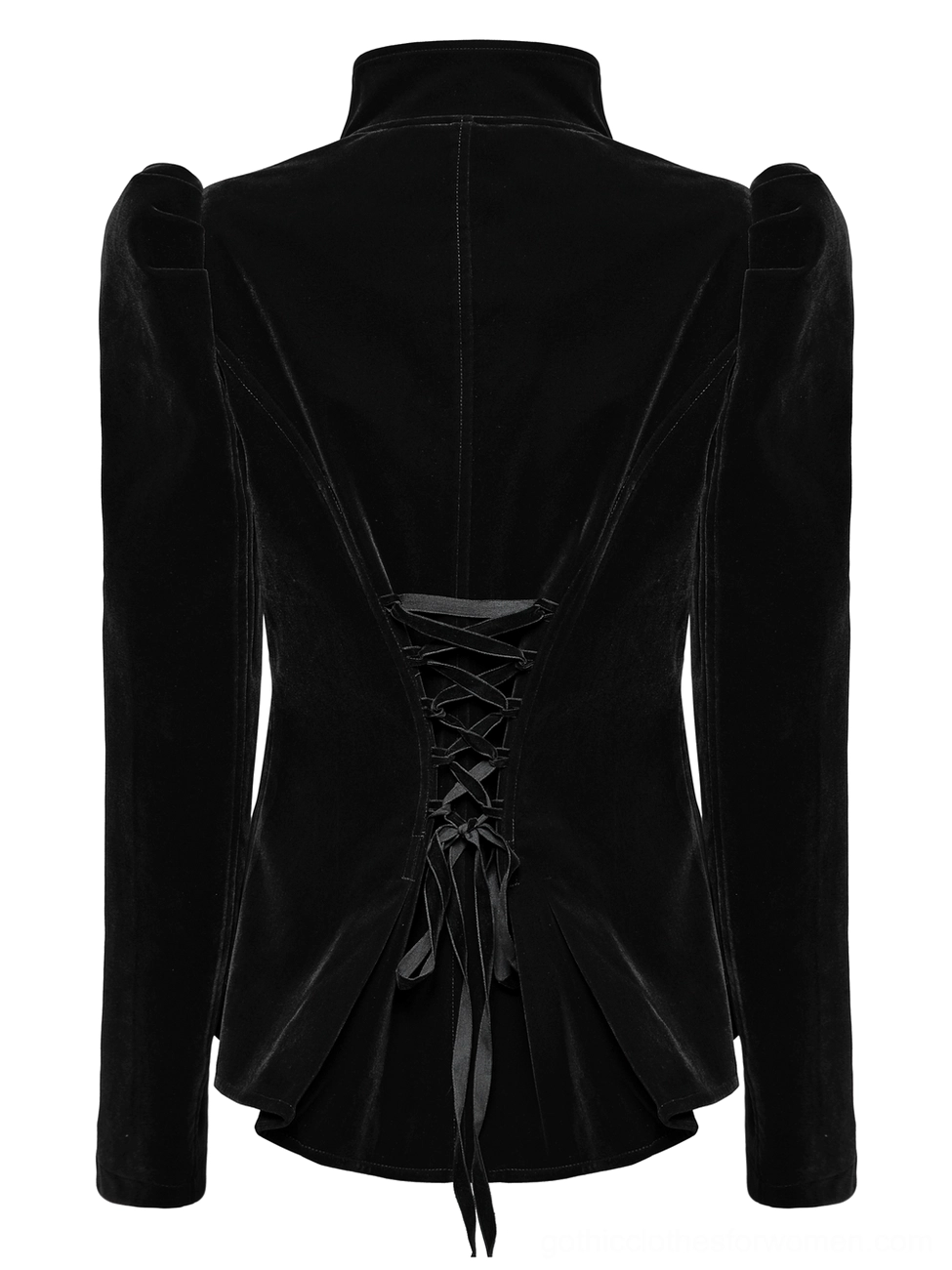 Gothic velvet jacket back flat view displaying lace-up corset closure and tailored hem