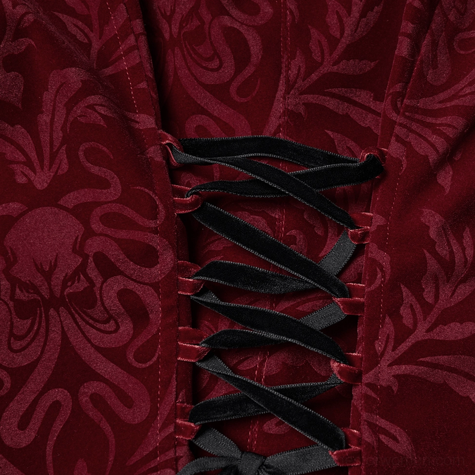 Close-up back view of gothic jacket corset lace-up featuring velvet ribbon and damask fabric texture