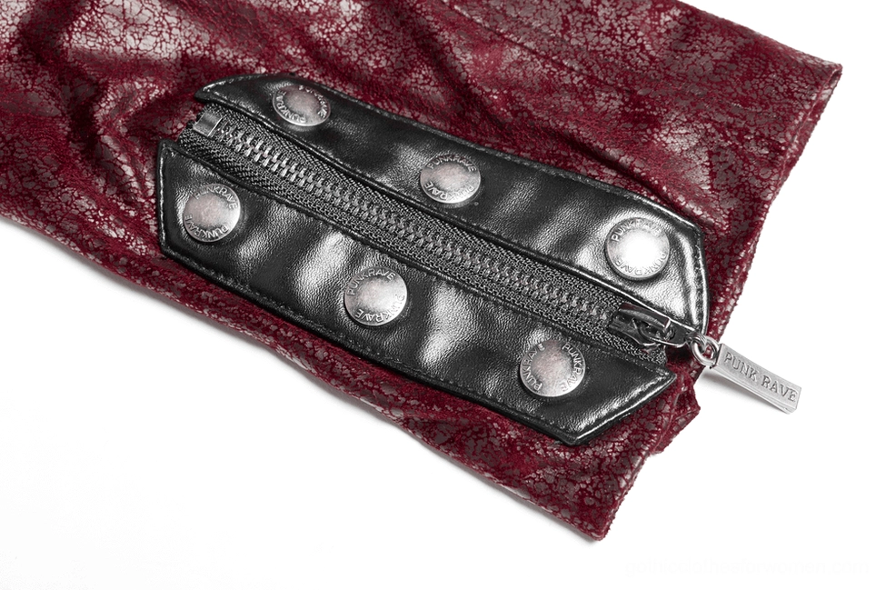 Wine-red gothic jacket back view showcasing strategic zippered panels and structured shoulders