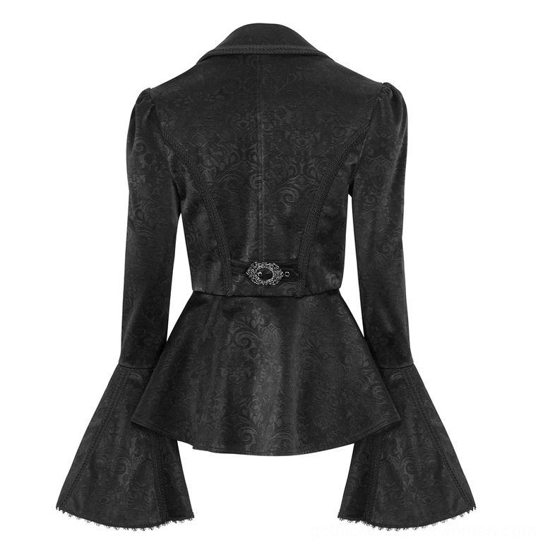 Gothic jacket back view on dress form showing ornate waist buckle hardware, peplum hem architectural detail, and padded shoulders