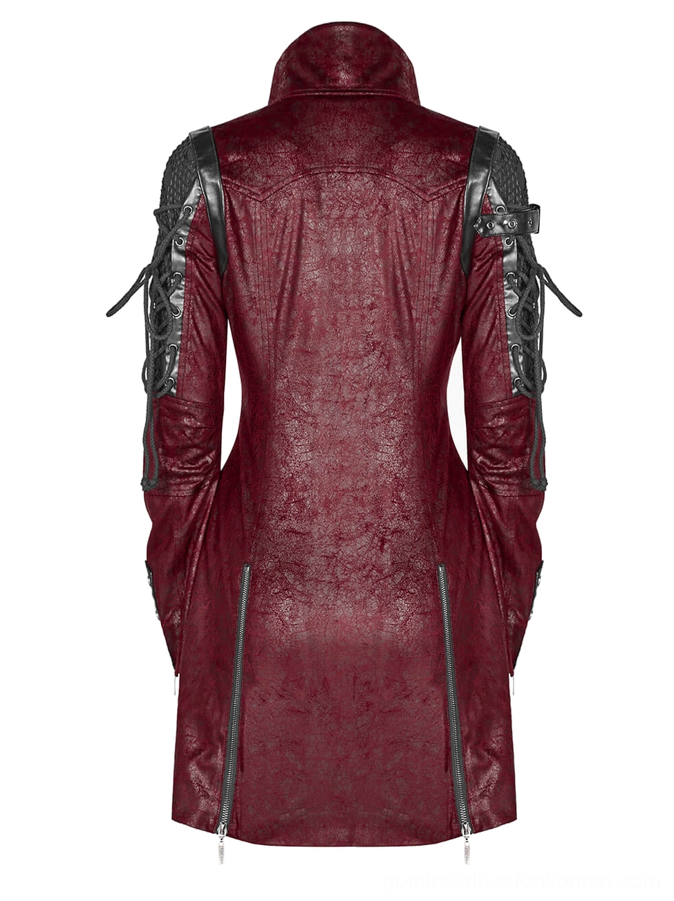 Gothic wine-red leather jacket back flat lay showing side zippers and structured shoulder panels