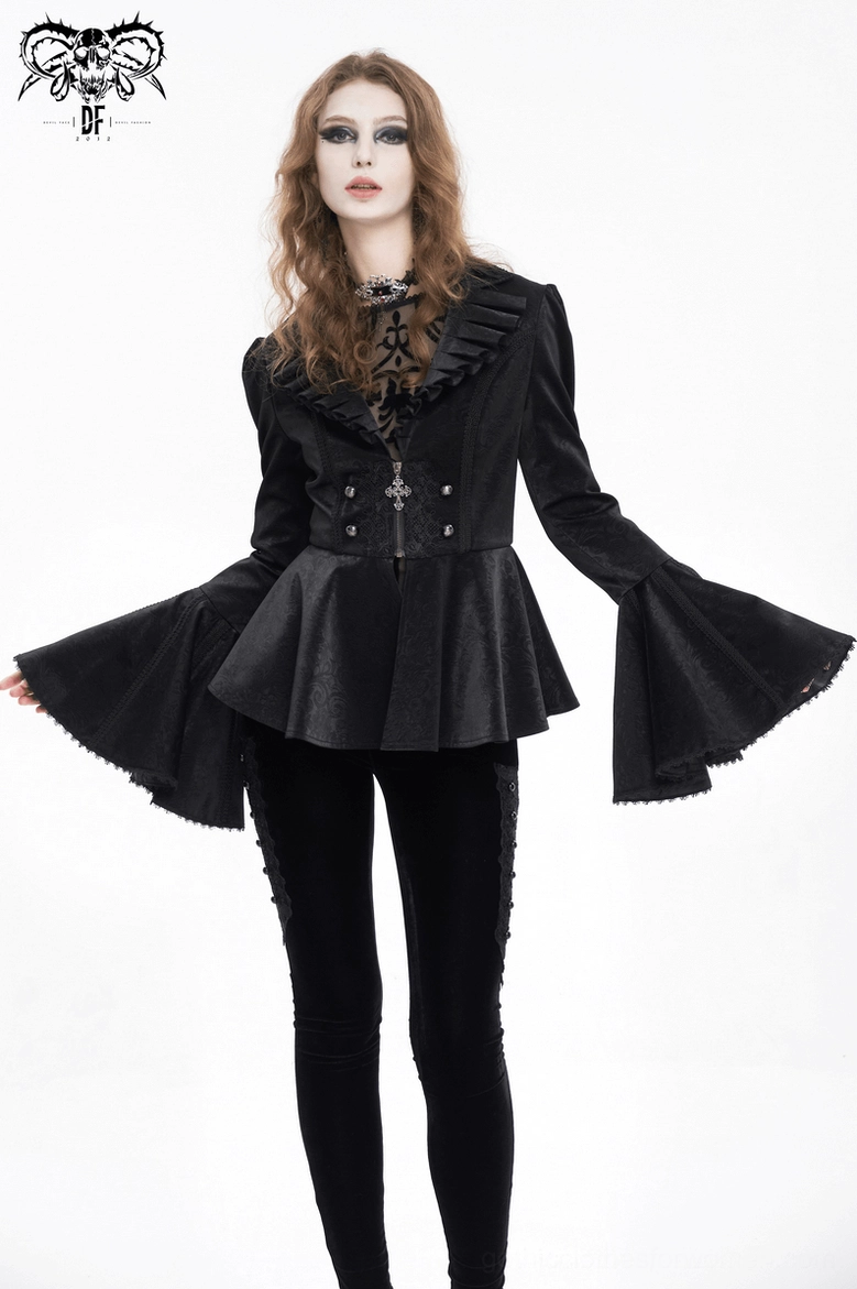Gothic flared sleeve jacket detail showing bell sleeve construction and cross-shaped zipper fastener design