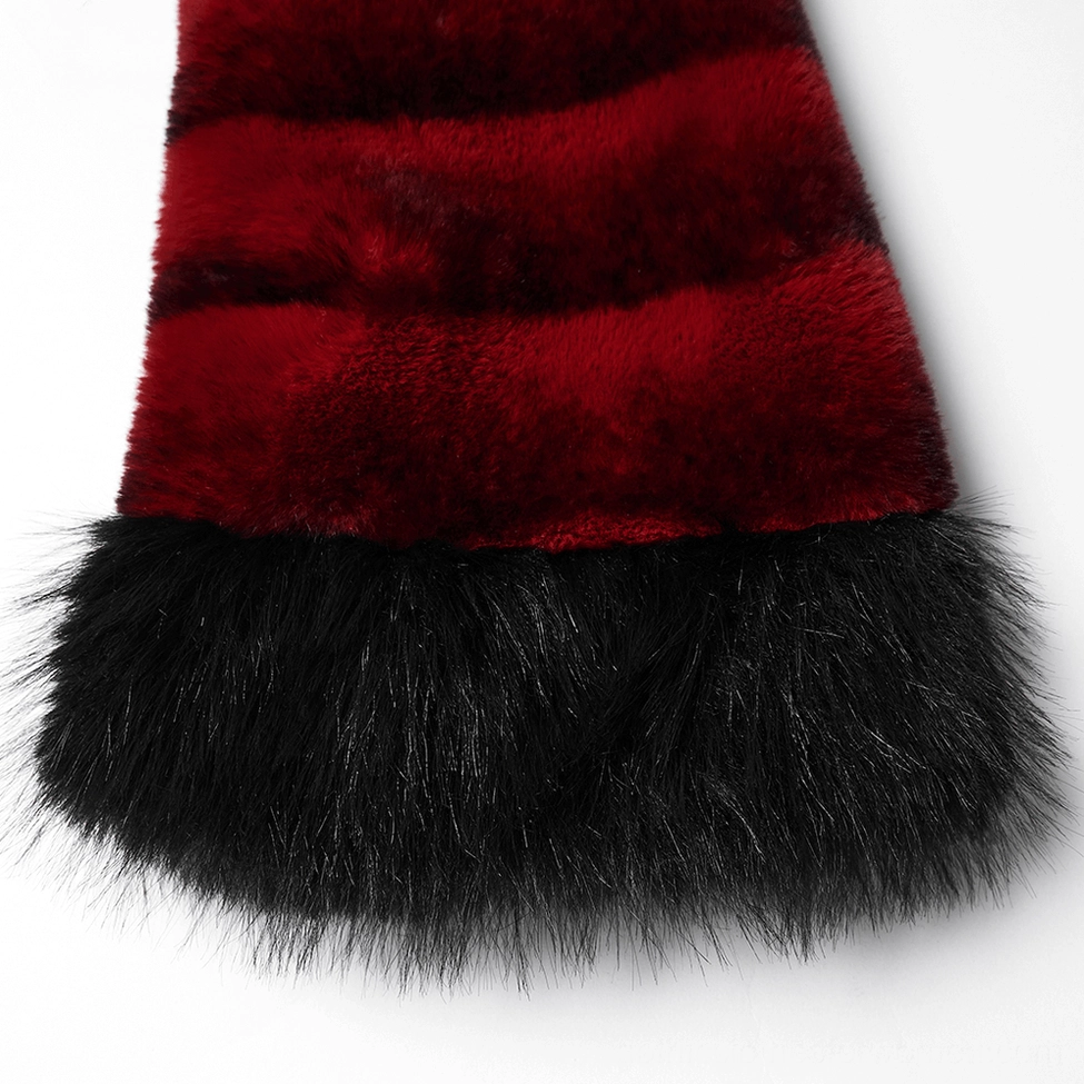 texture detail of fluffy black faux fur cuff trim on burgundy striped gothic cropped jacket