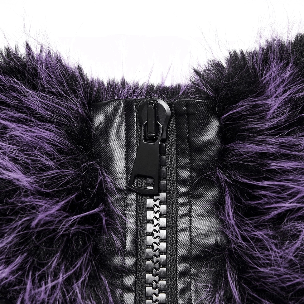 Zipper detail close-up showing heavy-duty black metal zipper and leather trim on gothic jacket