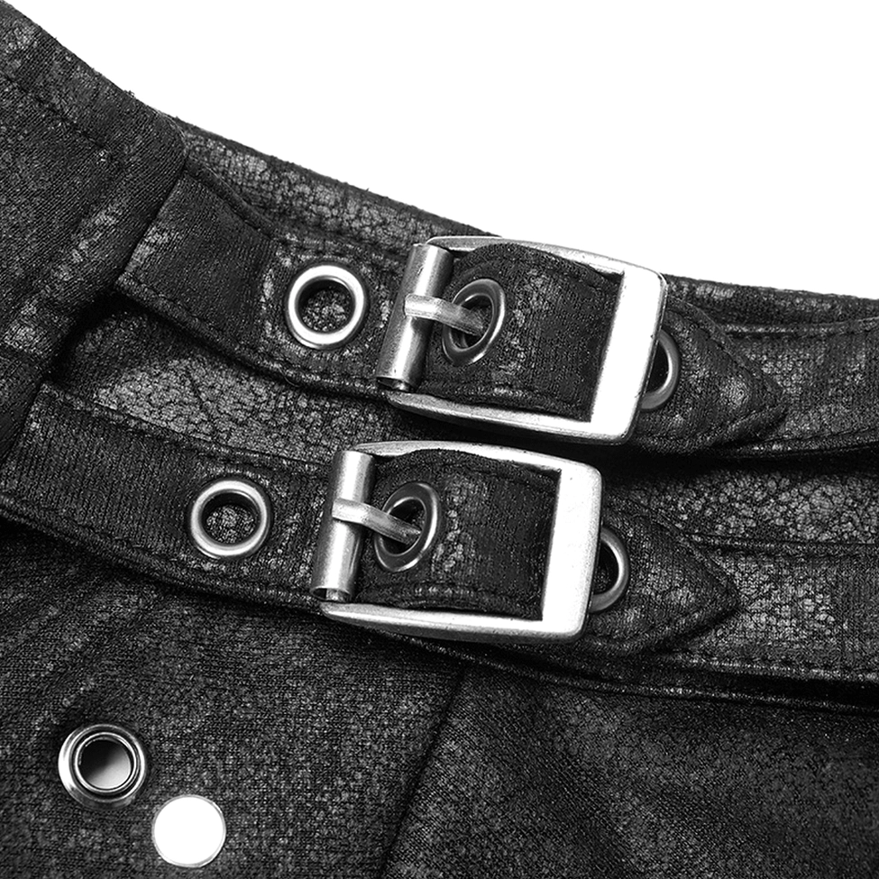 Faux leather gothic jacket fastener straps - dual buckle system with metal eyelet holes detail