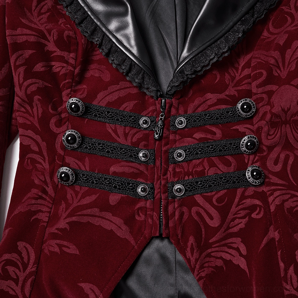 Close-up detail of gothic jacket decorative button straps and hidden zipper closure with lace-trimmed leather lapel