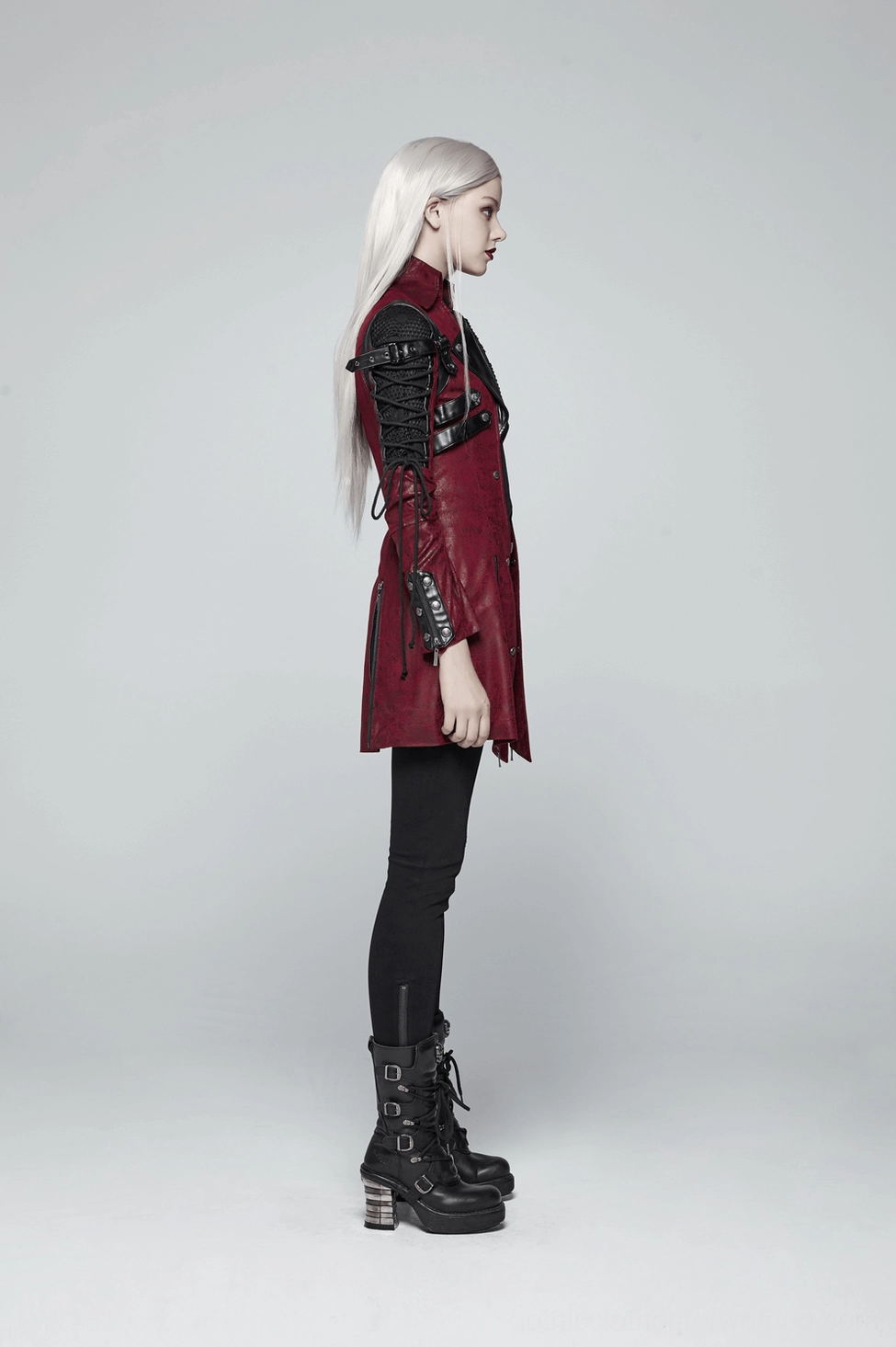 Wine-red gothic jacket care and maintenance display with cleaning product recommendations