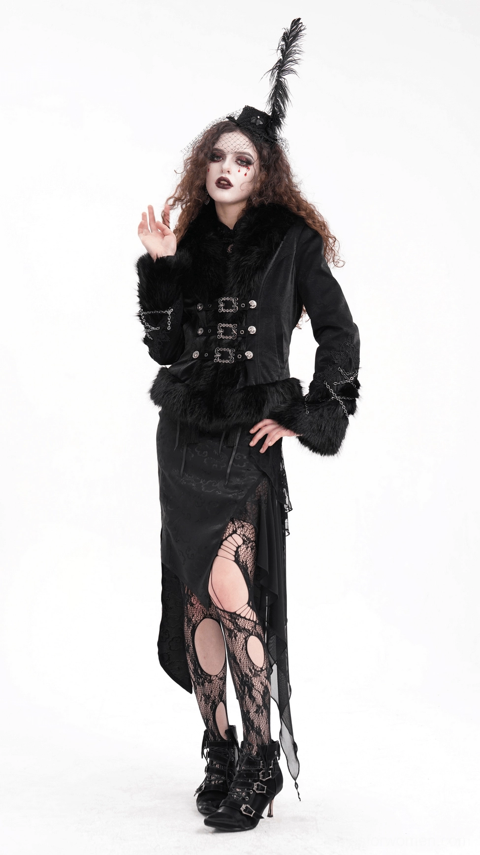 Black gothic jacket with chain and buckle embellishments - three-quarter front angle