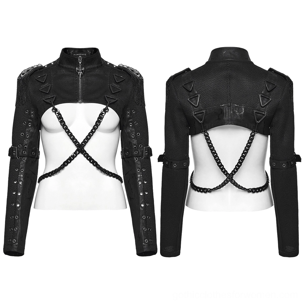 Black cropped jacket with crisscross chain harness and triangular metal hardware displayed on dual dress forms
