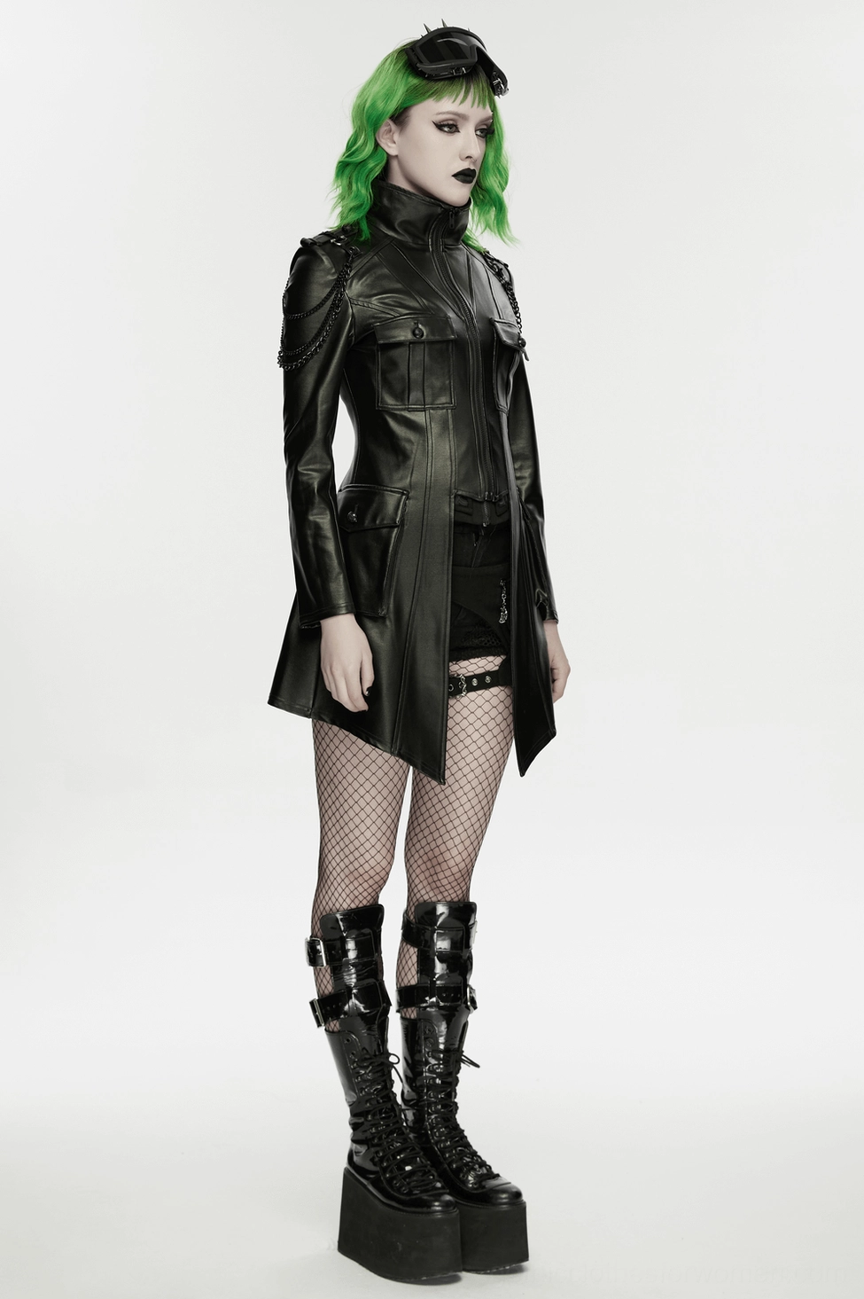 Black gothic jacket detail view of chain shoulder straps, zipper front, and structured construction