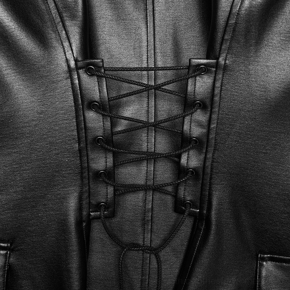 Close-up of black gothic jacket corset lace-up back design showing braided detail and smooth faux leather