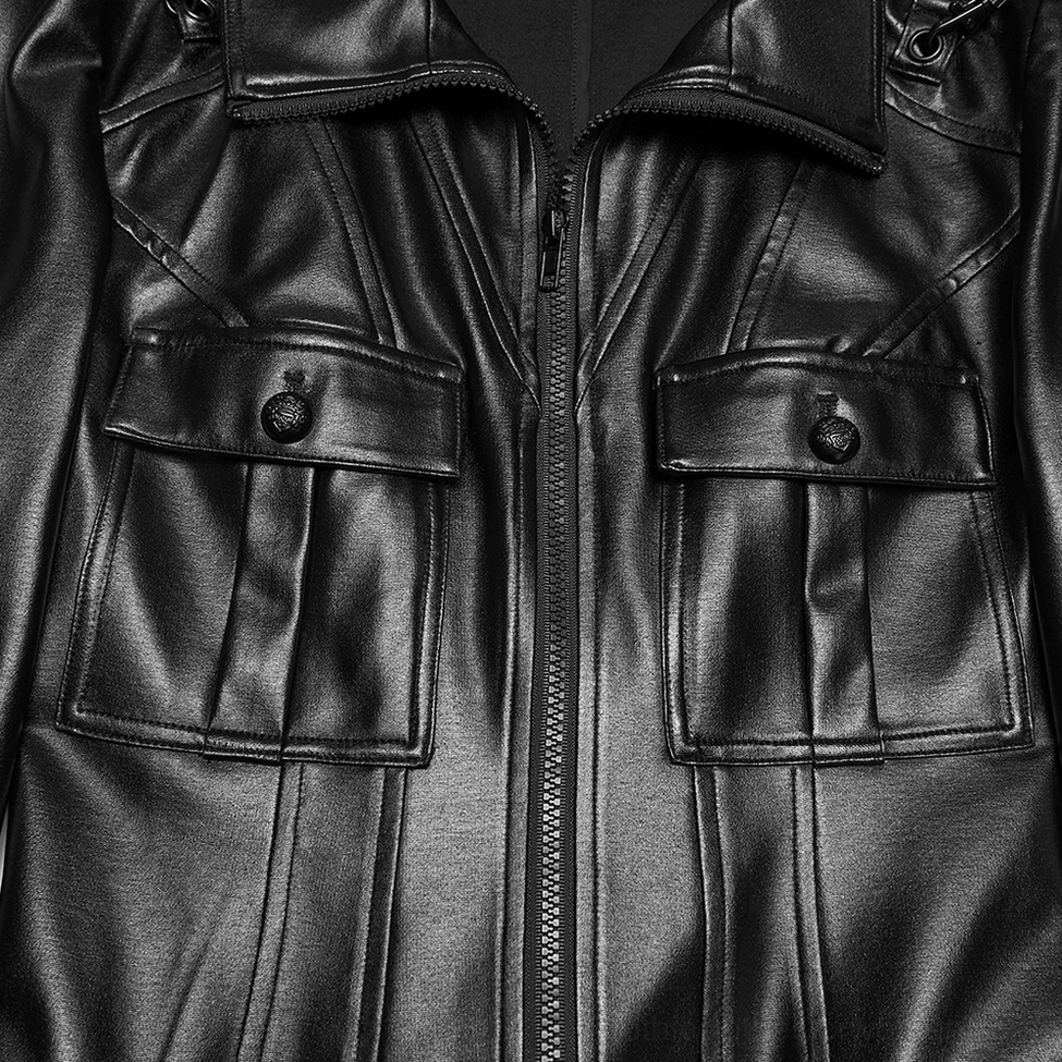 Close-up front view of black gothic jacket center zipper, buttoned flap pockets, and sleek faux leather finish