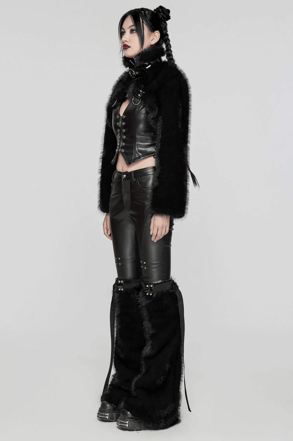 Black faux fur gothic jacket showing adjustable leather loop collar detail and loose boyfriend fit silhouette