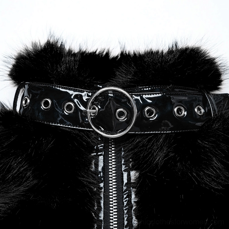 Close-up detail of black faux fur gothic jacket collar and zipper featuring patent leather strap, o-ring buckle, metal zipper, and grommet hardware