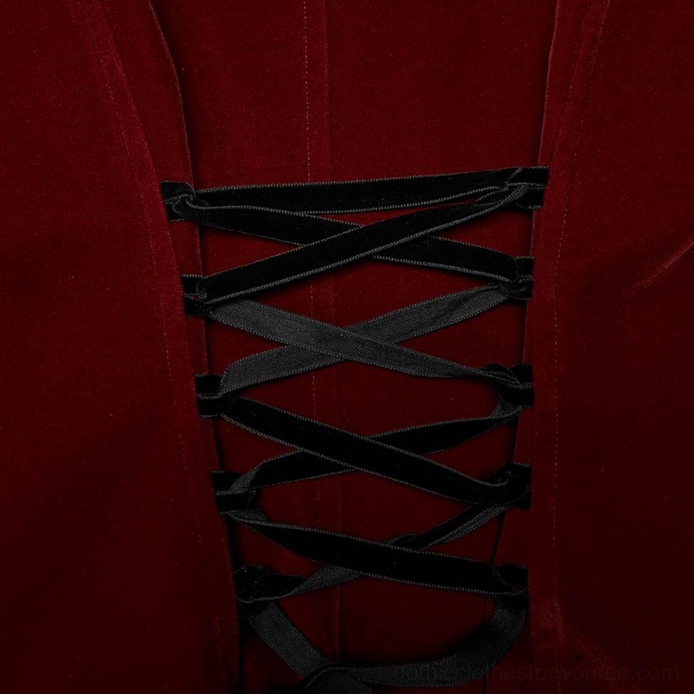 Detailed close-up of wine red gothic jacket back corset lace-up with black ribbon and fitted waist design