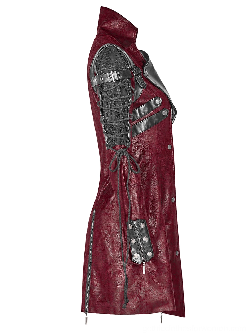Gothic jacket side view displaying corset-style lace-up sleeves with metal snap button details