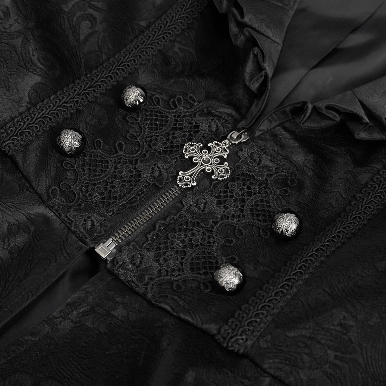Closure detail featuring cross-shaped metal zipper, skull-style round buttons, and black lace panel accents on gothic jacket