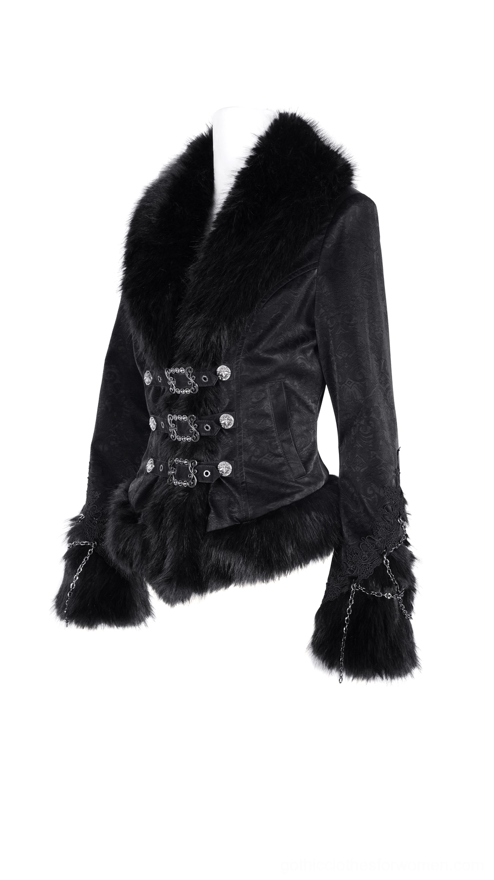 Black gothic jacket with double-breasted buckles and faux fur collar - side three-quarter mannequin view