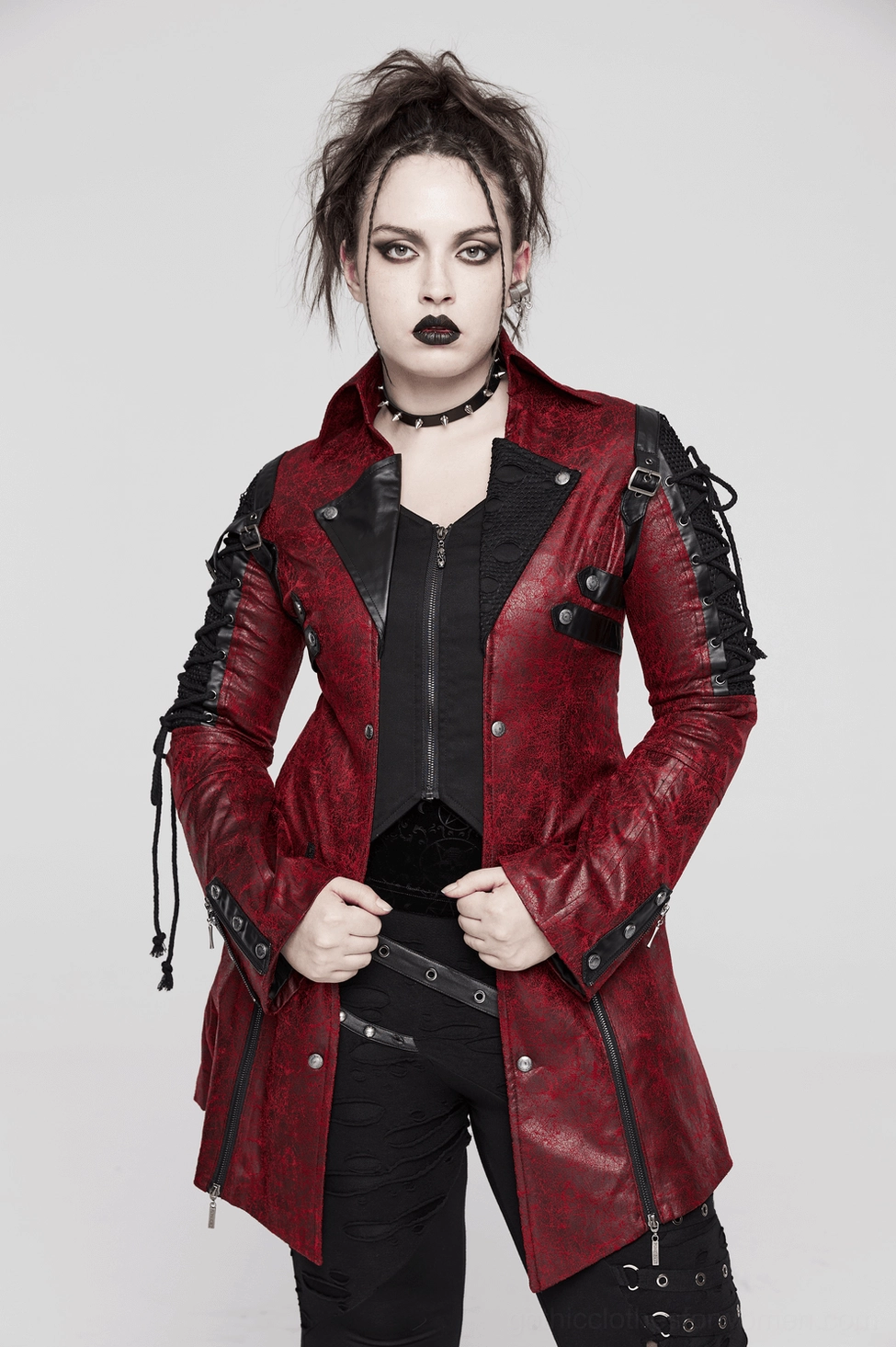 Gothic jacket side angle displaying the dramatic silhouette of corset lace-up sleeve design