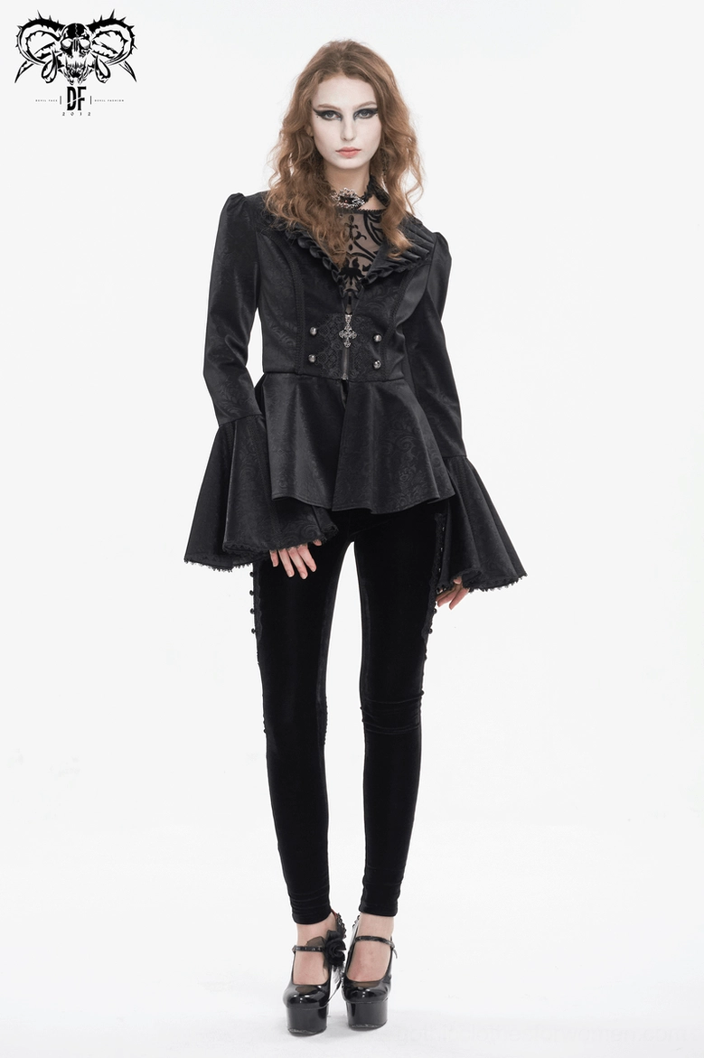 Detailed view of gothic jacket showing embroidered lace trim on cuffs, peplum hem, and theatrical silhouette