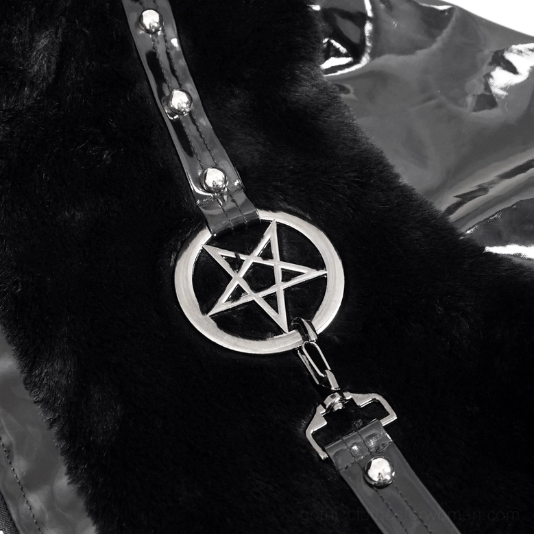 Black fuzzy cat ear hooded gothic jacket showing fabric blend of synthetic leather and soft fur texture
