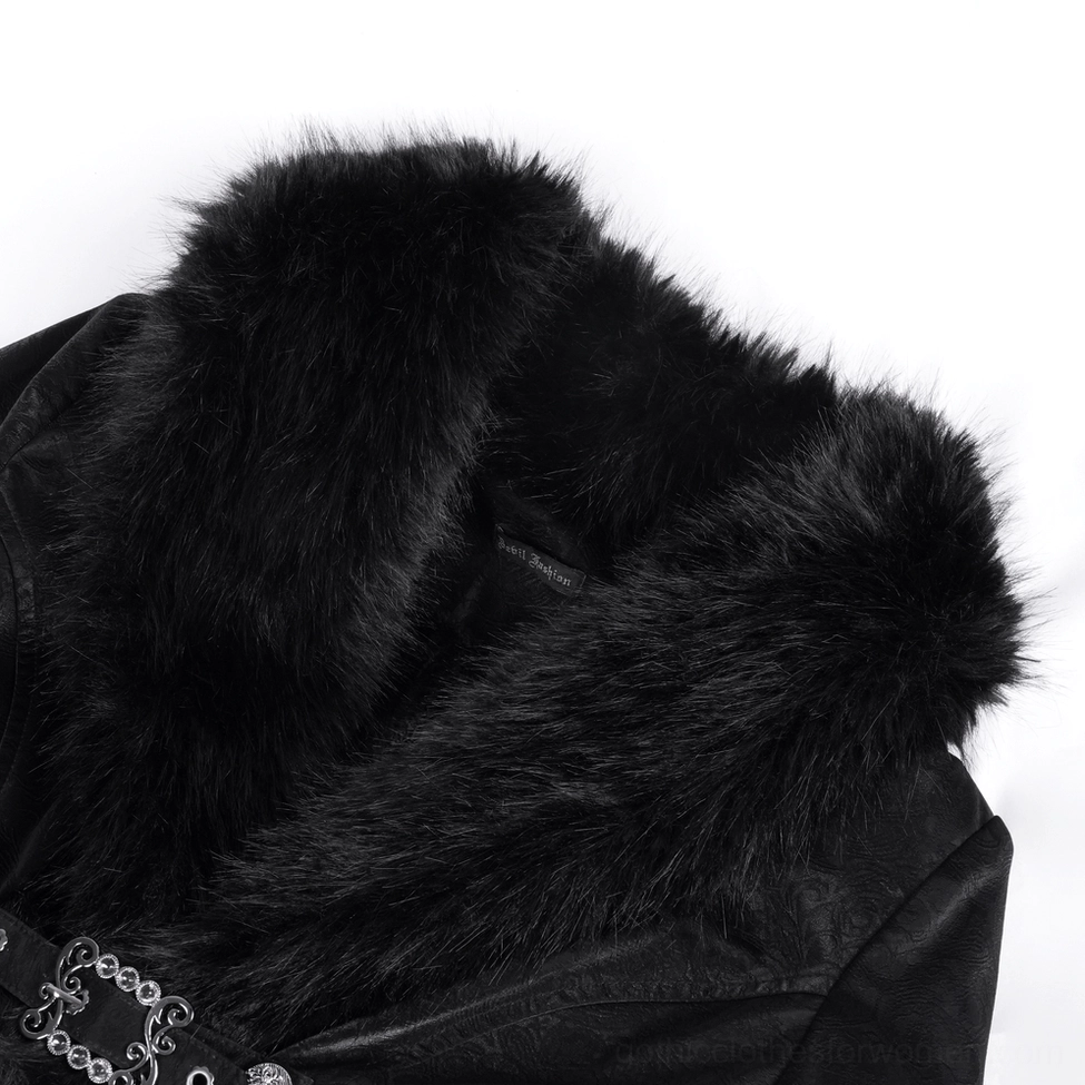 Close-up detail of black faux fur collar with velvet base and metal buckle accent on gothic jacket