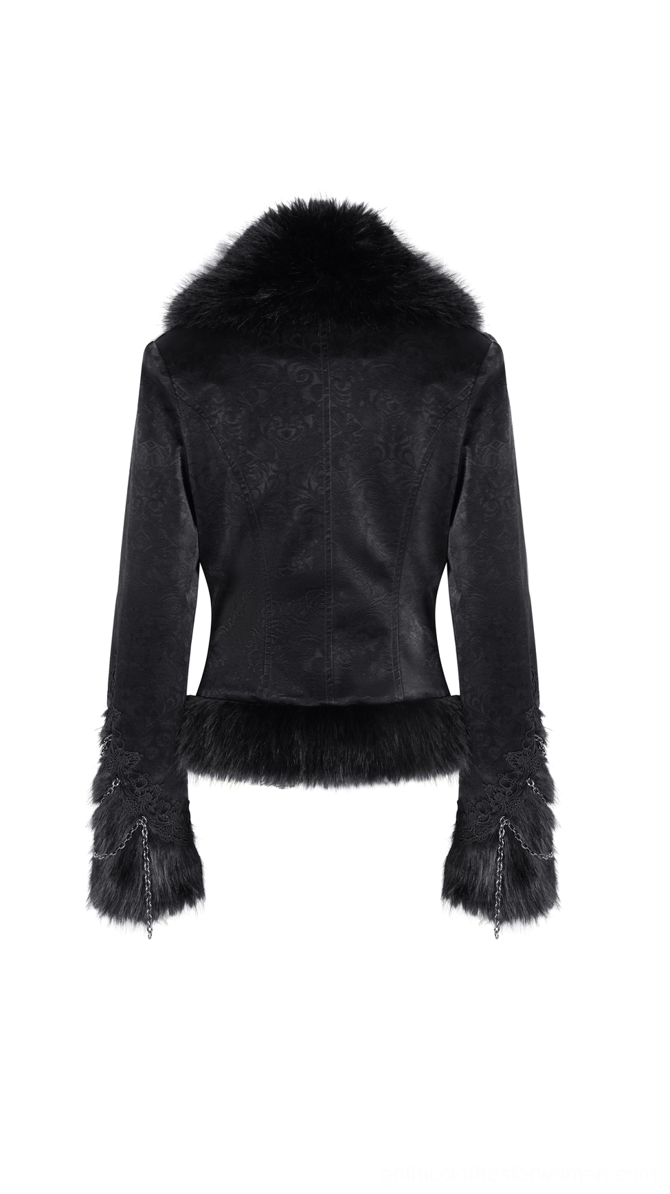 Black gothic tailored jacket with faux fur hem and cuffs - back view on mannequin display