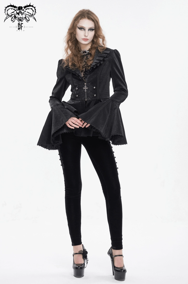 Black gothic jacket featuring long flared bell sleeves, ornate metal fasteners, and sophisticated dark aesthetic