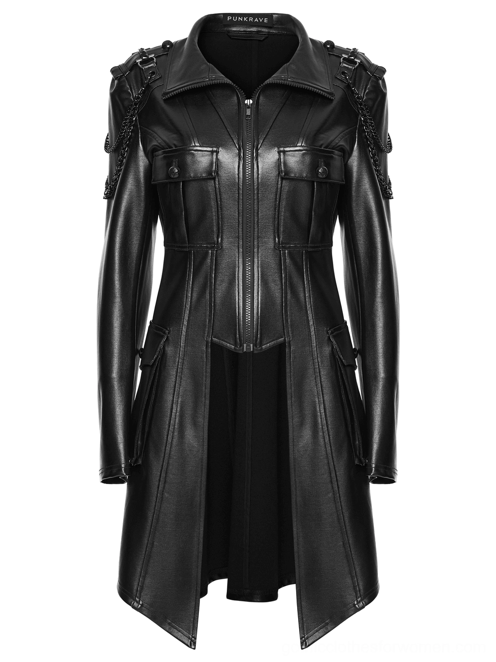 Black gothic jacket front view detail showing metal chain shoulder straps and flap chest pockets