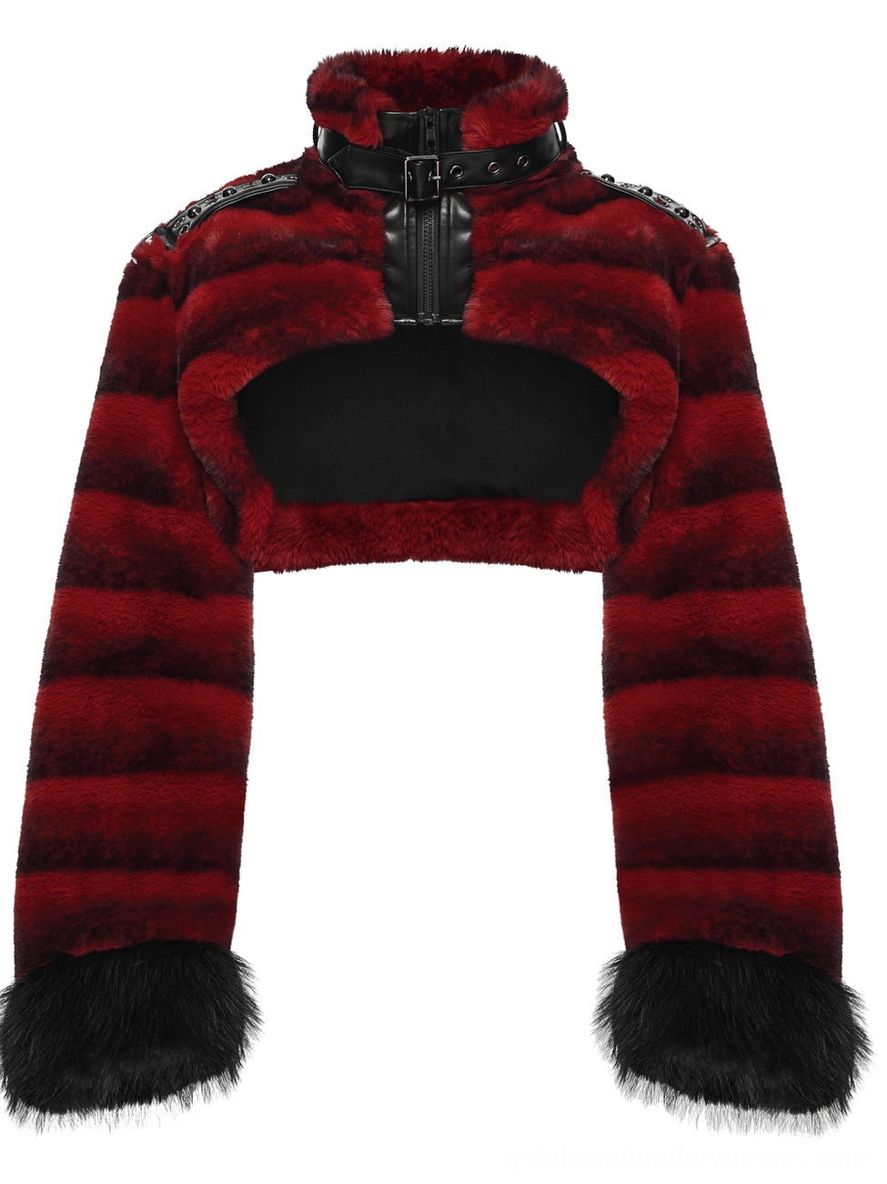 close-up front view of burgundy striped faux fur jacket with adjustable leather half-zip collar detail