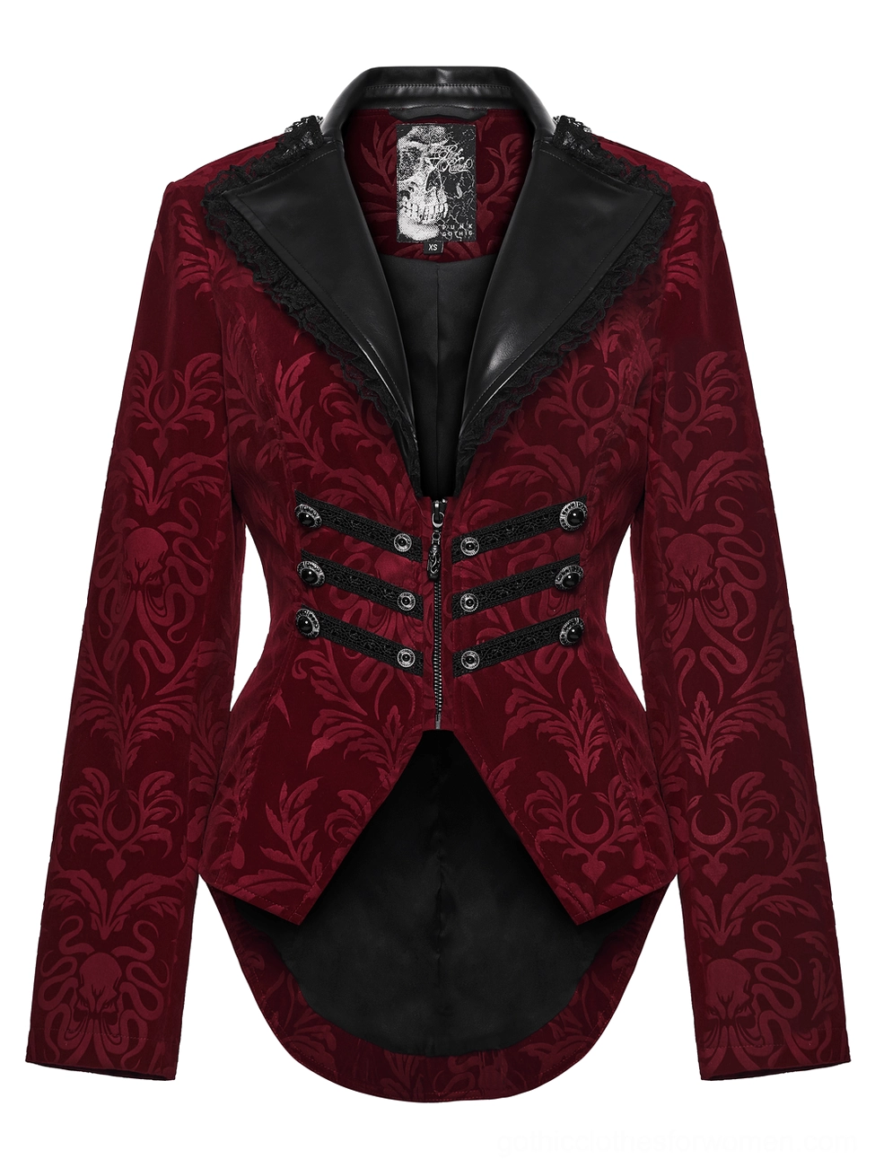 Gothic velvet tailcoat jacket front flat lay detail showing decorative gemstone buttons and leather lapel trim