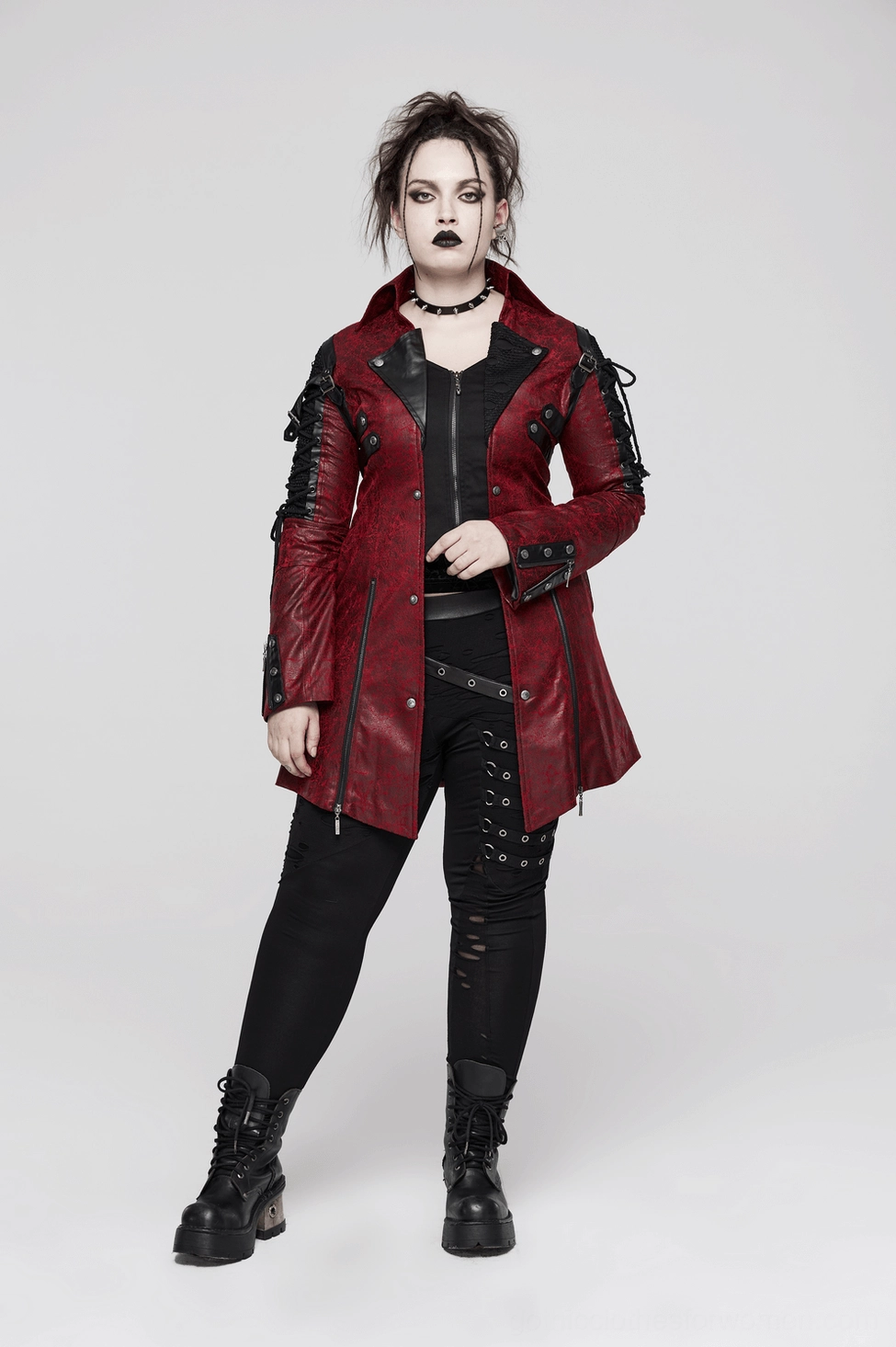 Wine-red gothic leather jacket hem and length detail with finishing hardware specifications