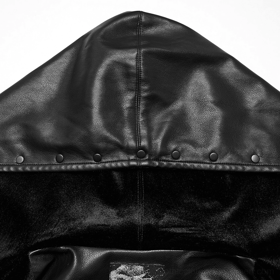 Detailed view of jacket hood interior showing metal snap studs stitched leather seam and velvet lining