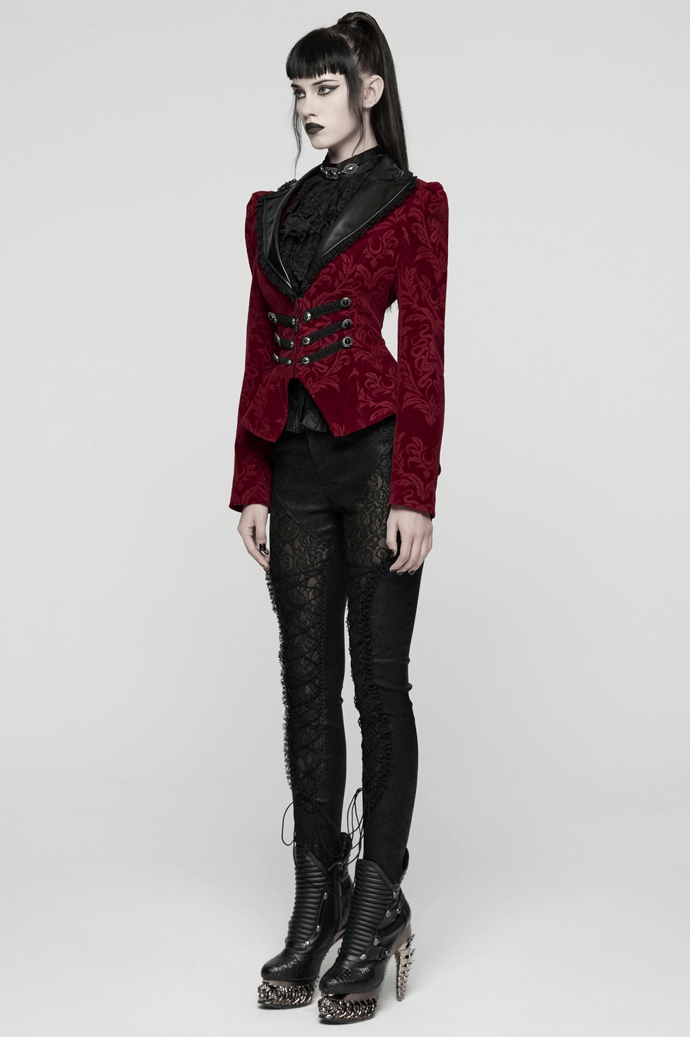 Wine red gothic tailcoat jacket interior lining detail with satin finish and branded skull motif