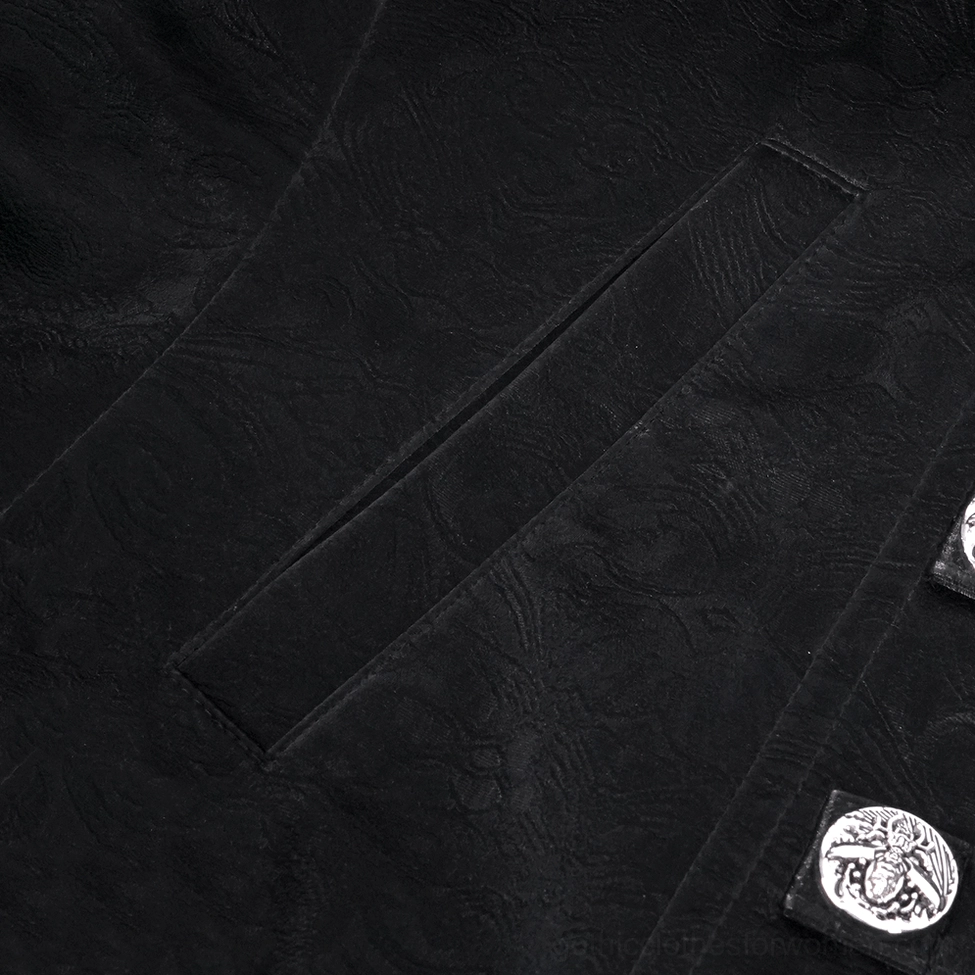 Black gothic faux fur jacket with intricate lace detail peeking through - alternative fashion styling