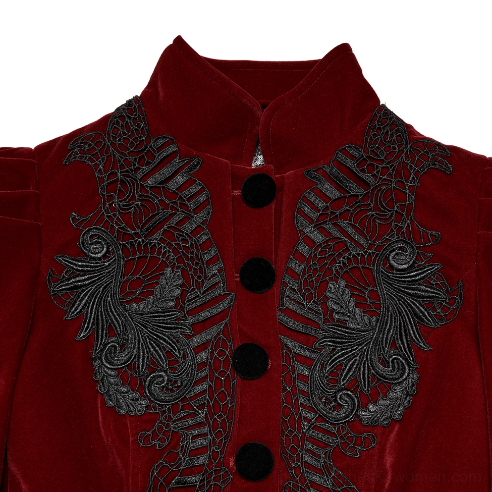 Close-up detail of wine red gothic jacket neckline and front placket with intricate black scroll lace embroidery and round velvet buttons