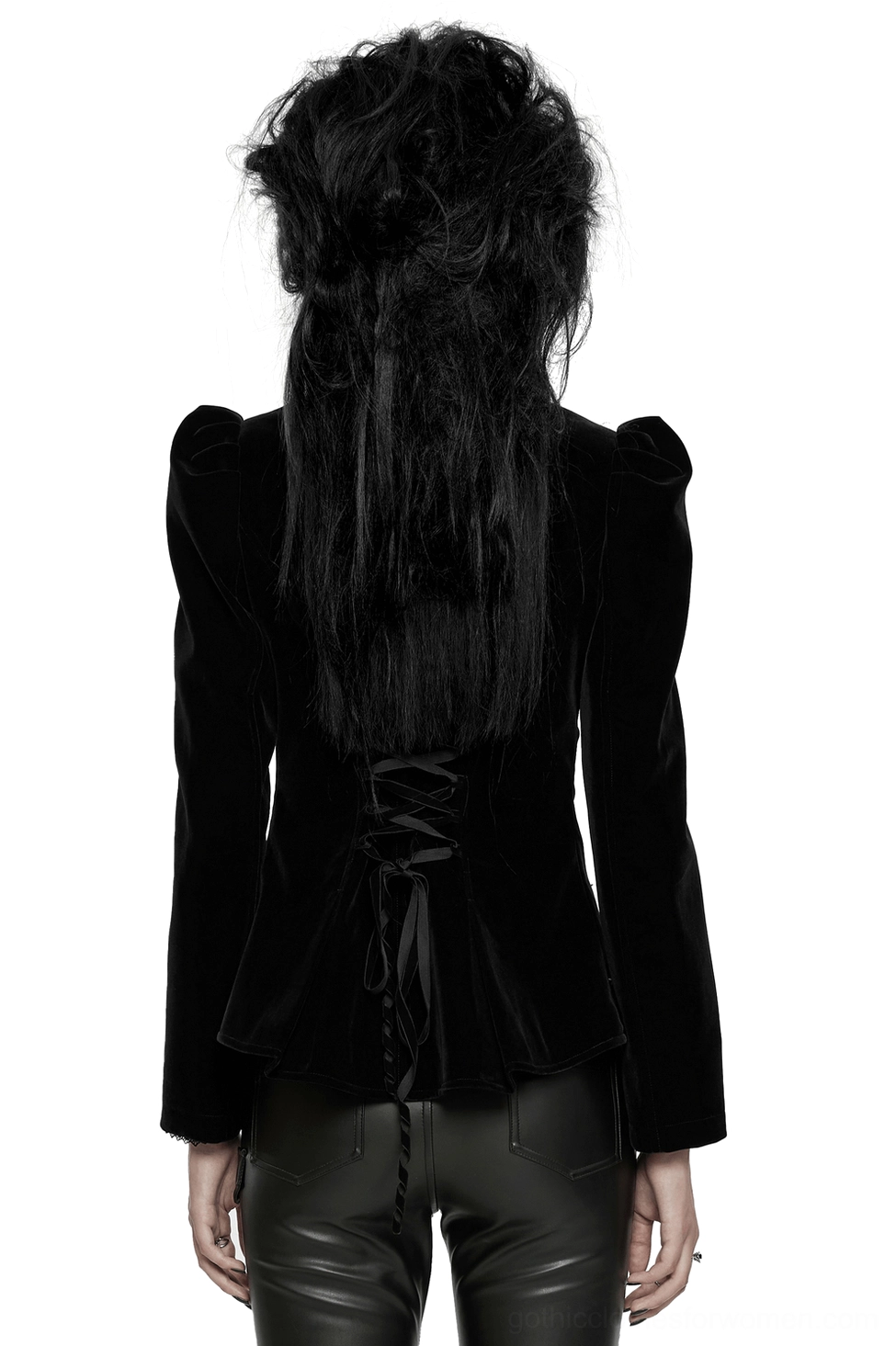 Gothic velvet jacket back view featuring lace-up corset closure and padded shoulders on model