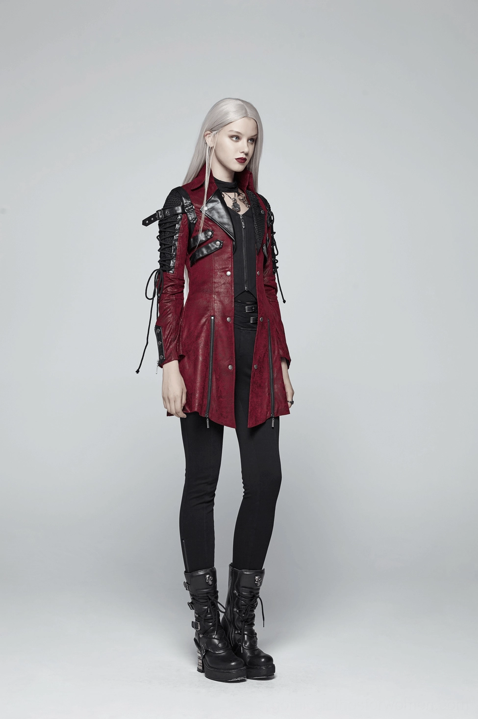 Gothic leather jacket fabric blend showcase combining polyester leather and spandex materials