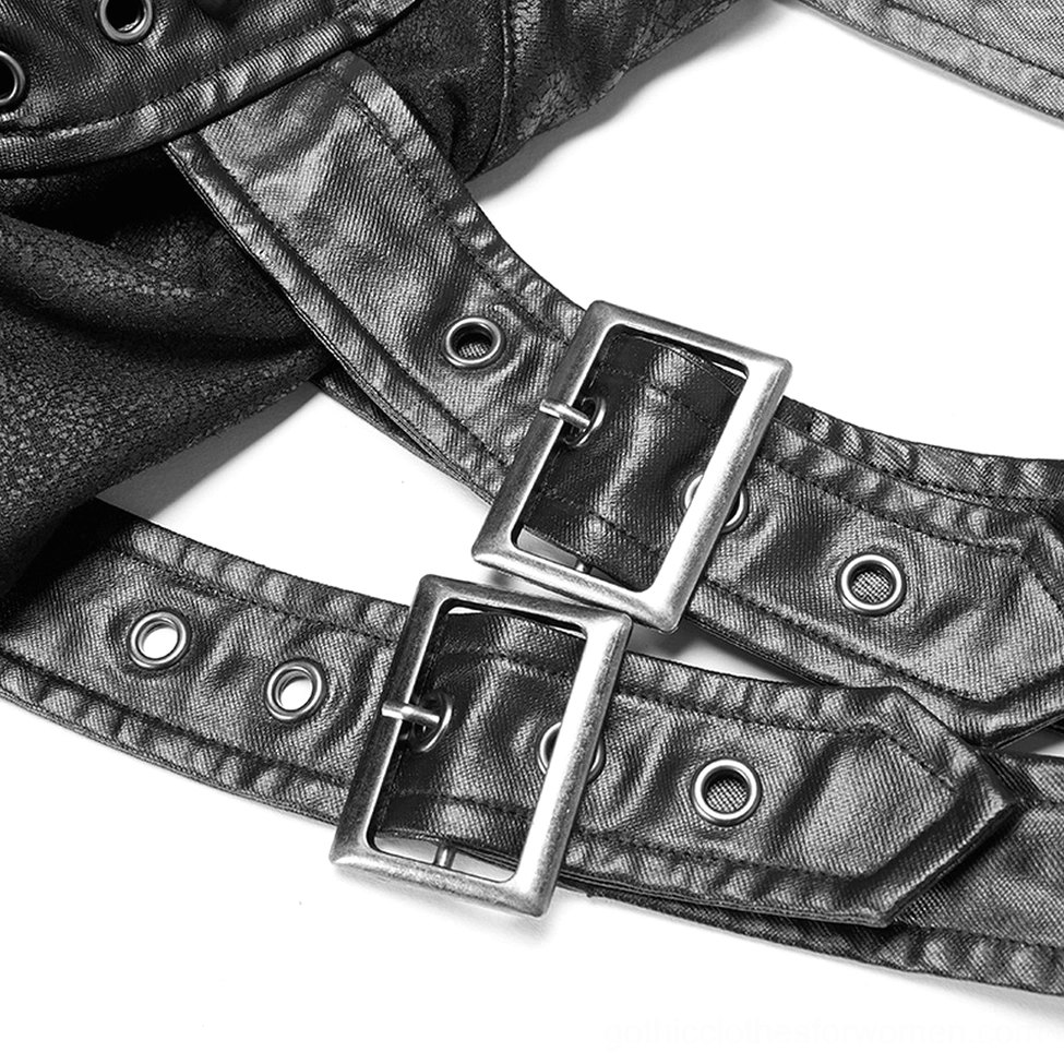 One-shoulder gothic jacket hardware close-up - matte silver metal buckles and industrial eyelets detail