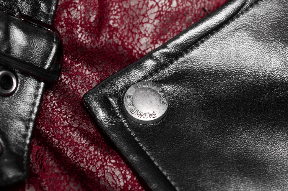 Close-up detail of gothic jacket metal snap buttons and hardware construction quality