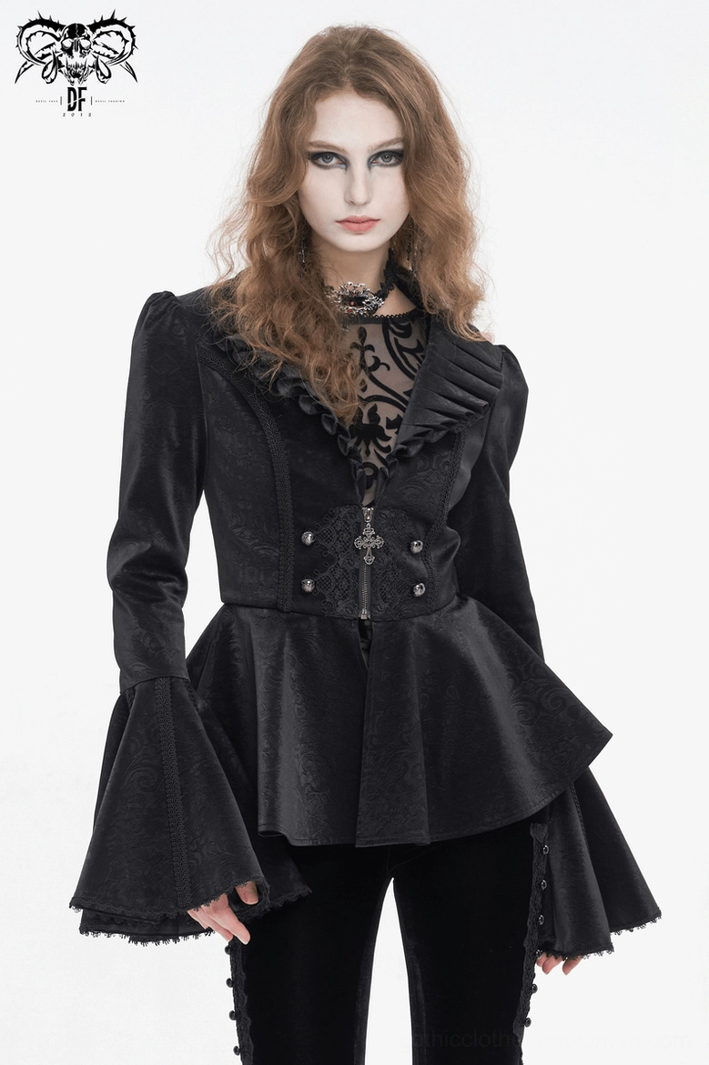 Black gothic jacket on model showing theatrical ruffled collar, ornate detailing, and alternative fashion aesthetic