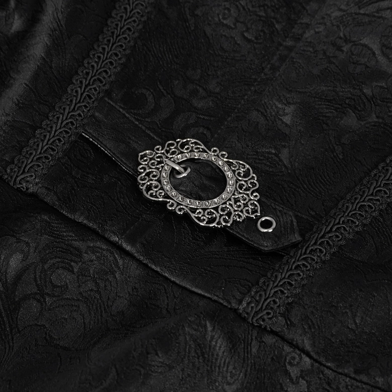 Metal hardware close-up featuring ornate carved waist buckle, jacquard base fabric, and decorative lace panel accents