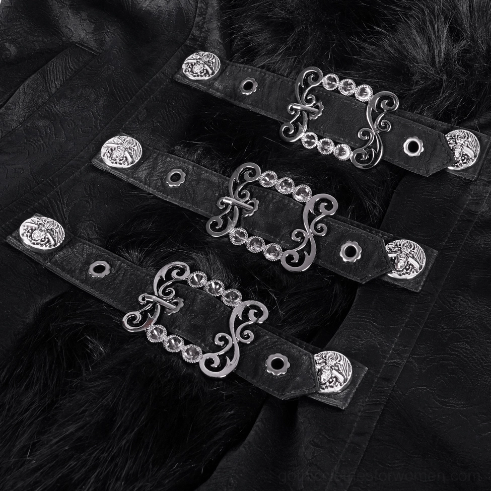 Ornate vintage silver-tone metal buckles with rhinestone accents on black gothic jacket