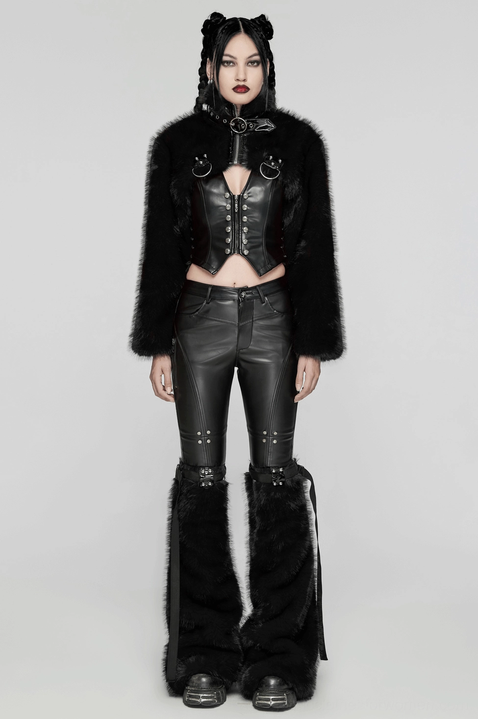 Black patent leather front panel and faux fur body of gothic cropped jacket showing material contrast and design composition