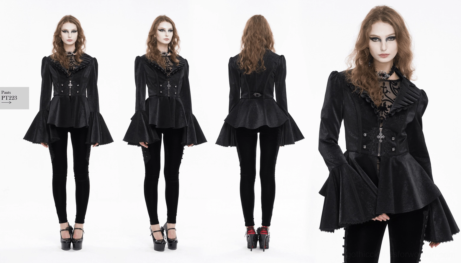 Gothic jacket showcasing pleated ruffled shawl collar, tailored waist cinching, and ecclesiastical cross zipper design