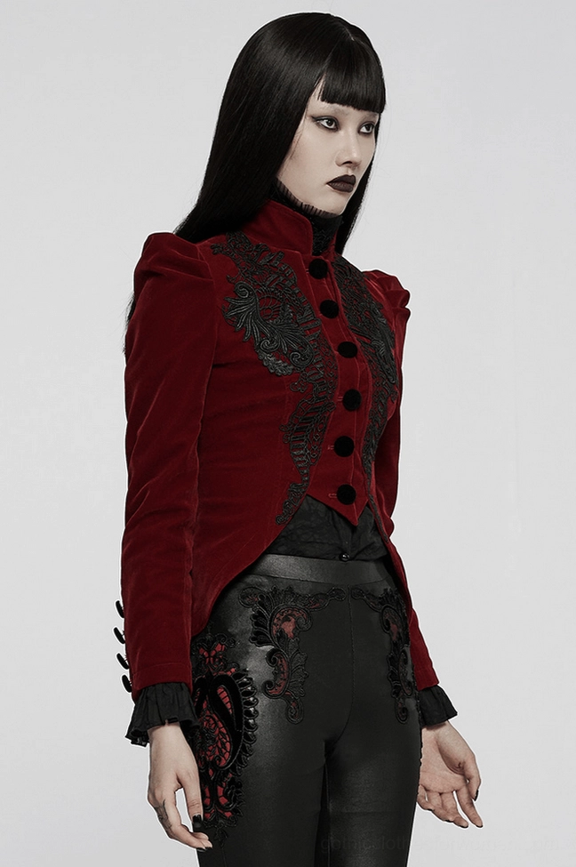 Wine red velvet gothic jacket product photography showing shoulder and arm detail with lace accents and fitted sleeve construction