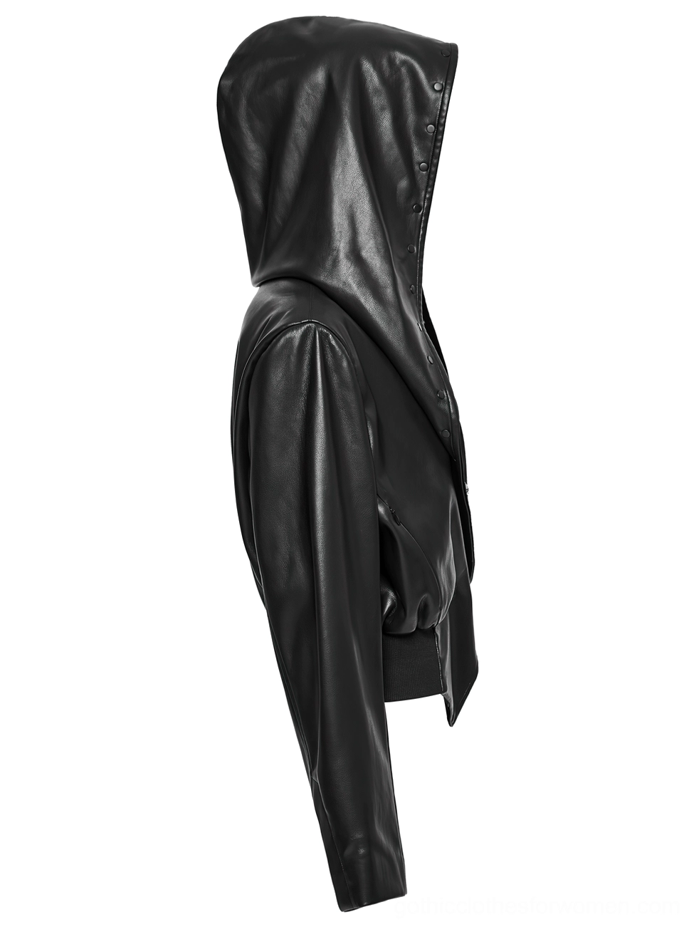 Side profile of cropped gothic jacket showing fitted sleeves hooded silhouette and ribbed waistband detail