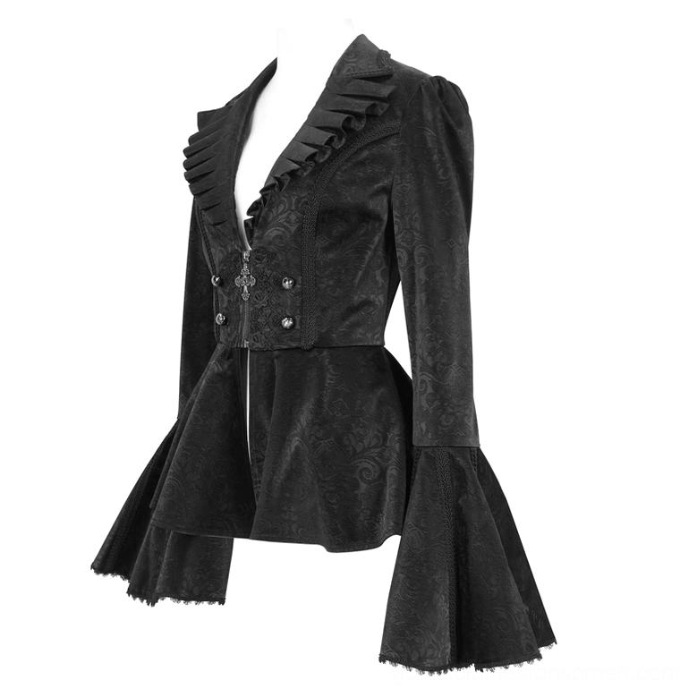 Side profile of gothic jacket on mannequin highlighting long flared bell sleeves, tailored waist, and jacquard woven texture